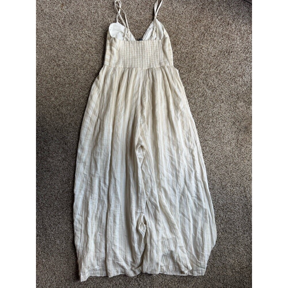 NWT American Eagle Womens Small Cotton Blend Wide Leg Jumpsuit Pockets Cream